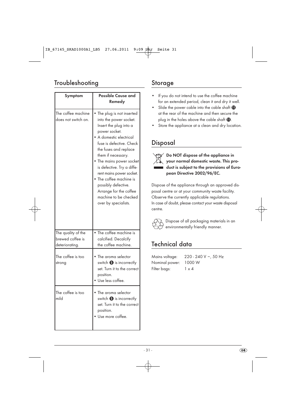 Troubleshooting, Storage, Disposal | Technical data | Silvercrest SKAD 1000 A1 User Manual | Page 33 / 42