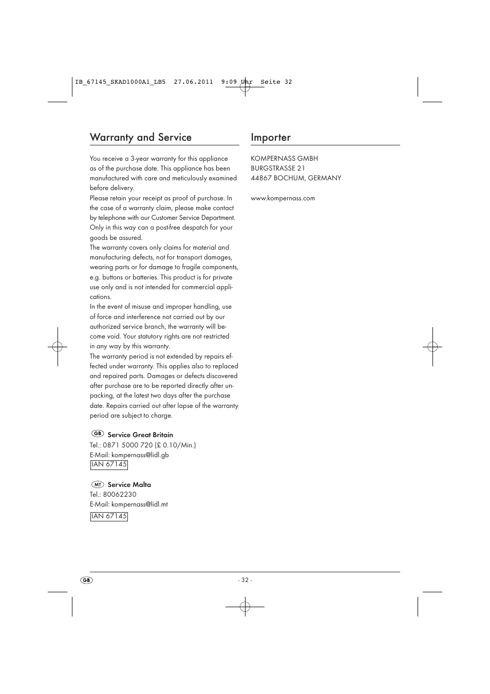 Warranty and service, Importer | Silvercrest SKAD 1000 A1 User Manual | Page 34 / 42
