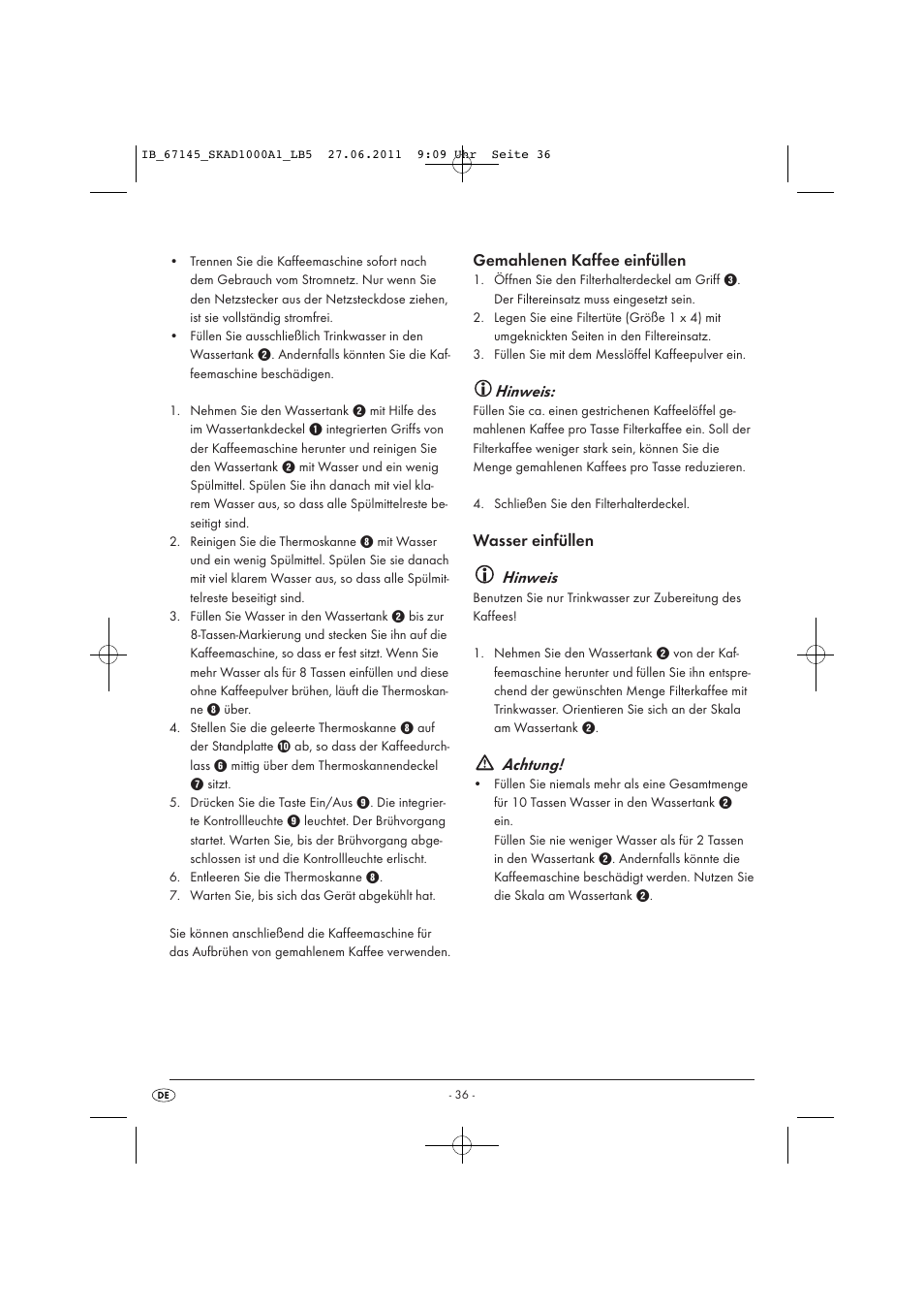 Gemahlenen kaffee einfüllen, Hinweis, Wasser einfüllen hinweis | Achtung | Silvercrest SKAD 1000 A1 User Manual | Page 38 / 42