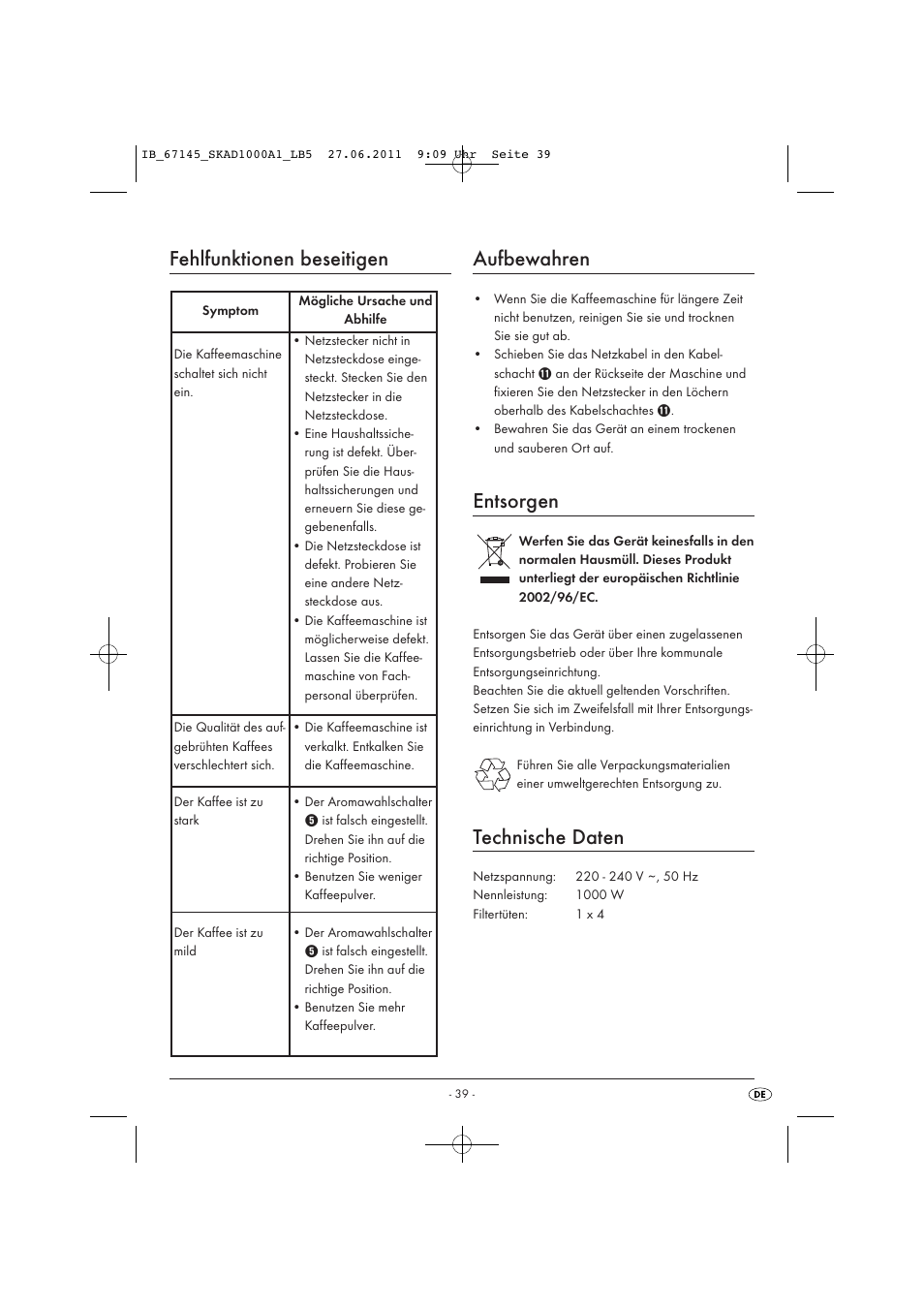 Fehlfunktionen beseitigen, Aufbewahren, Entsorgen | Technische daten | Silvercrest SKAD 1000 A1 User Manual | Page 41 / 42