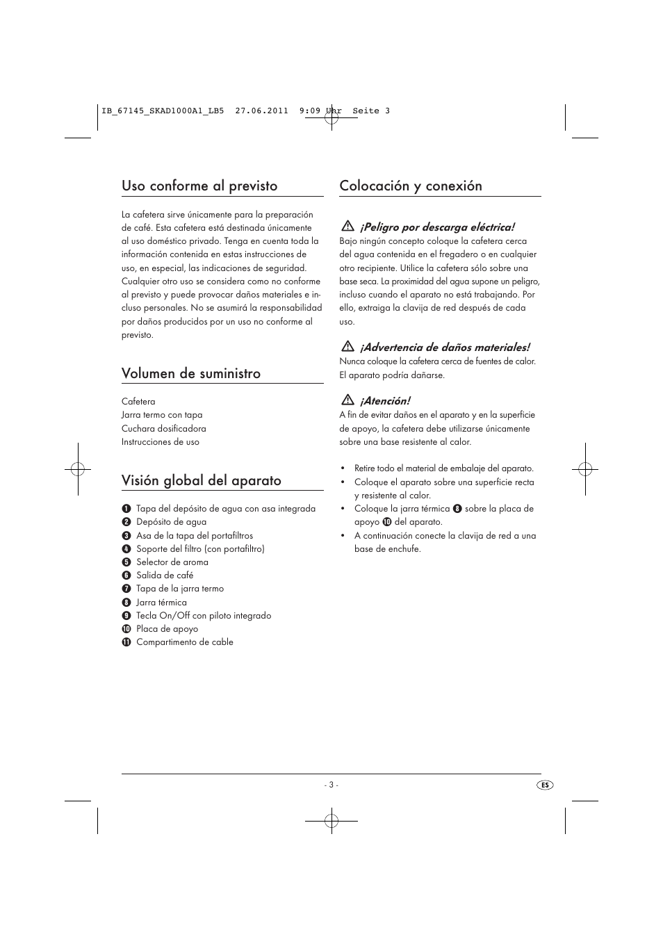 Uso conforme al previsto, Volumen de suministro, Visión global del aparato | Colocación y conexión | Silvercrest SKAD 1000 A1 User Manual | Page 5 / 42