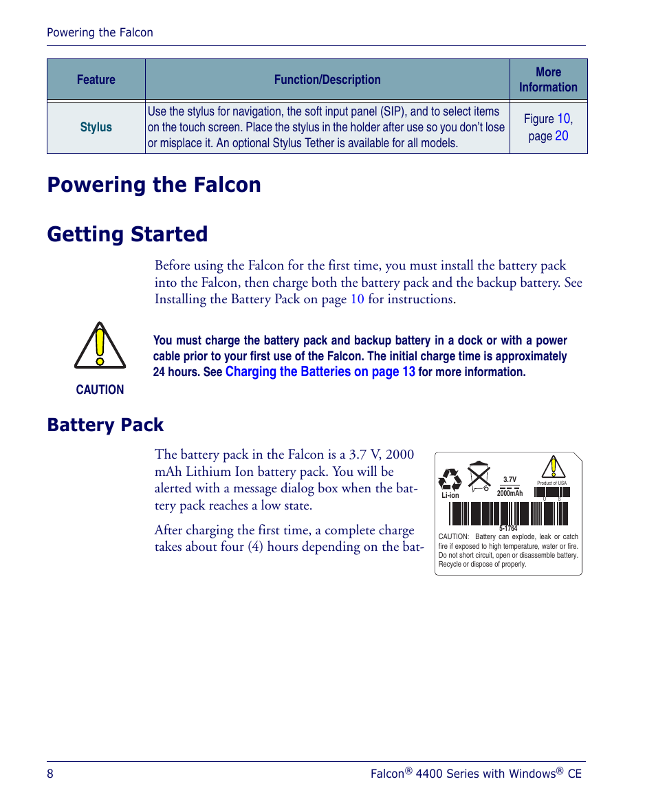 Powering the falcon, Getting started, Battery pack | Powering the falcon getting started, Gives information | Datalogic Scanning 4410 User Manual | Page 10 / 76