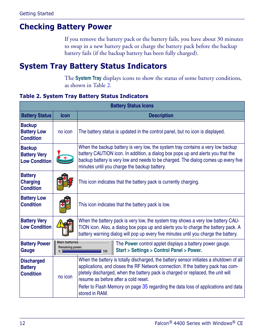 Checking battery power, System tray battery status indicators | Datalogic Scanning 4410 User Manual | Page 14 / 76