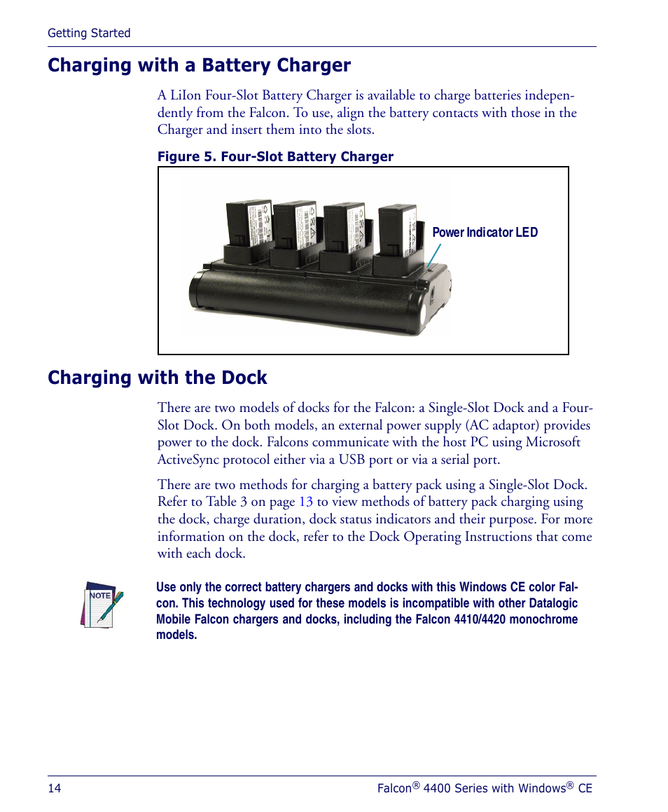 Charging with a battery charger, Charging with the dock | Datalogic Scanning 4410 User Manual | Page 16 / 76