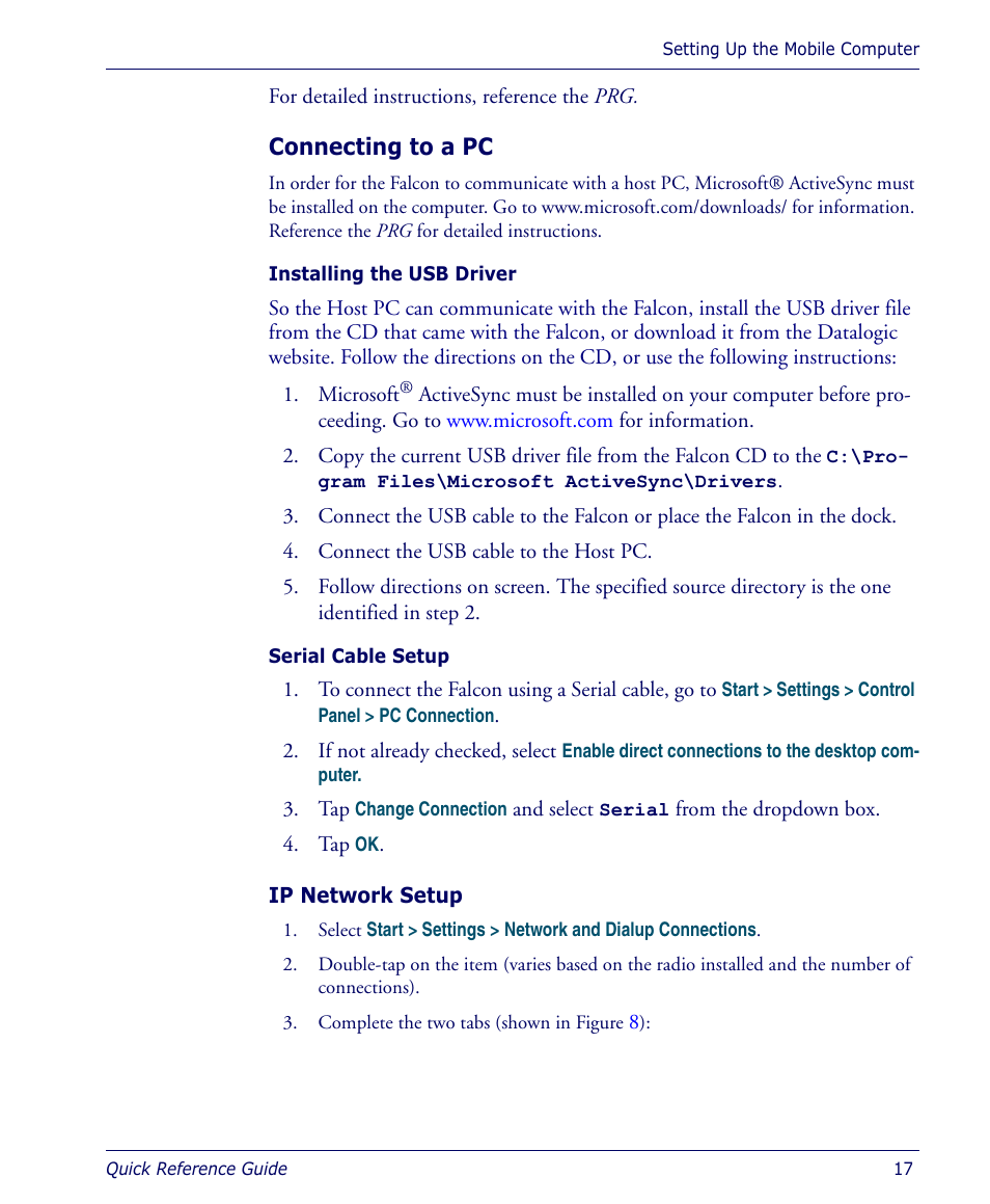 Connecting to a pc, Ip network setup | Datalogic Scanning 4410 User Manual | Page 19 / 76