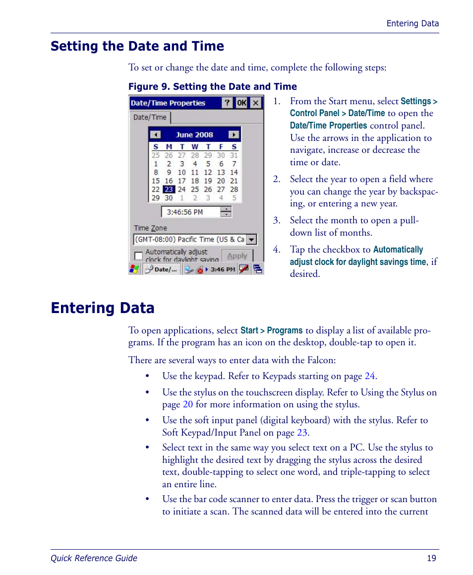 Setting the date and time, Entering data, Using the | Datalogic Scanning 4410 User Manual | Page 21 / 76