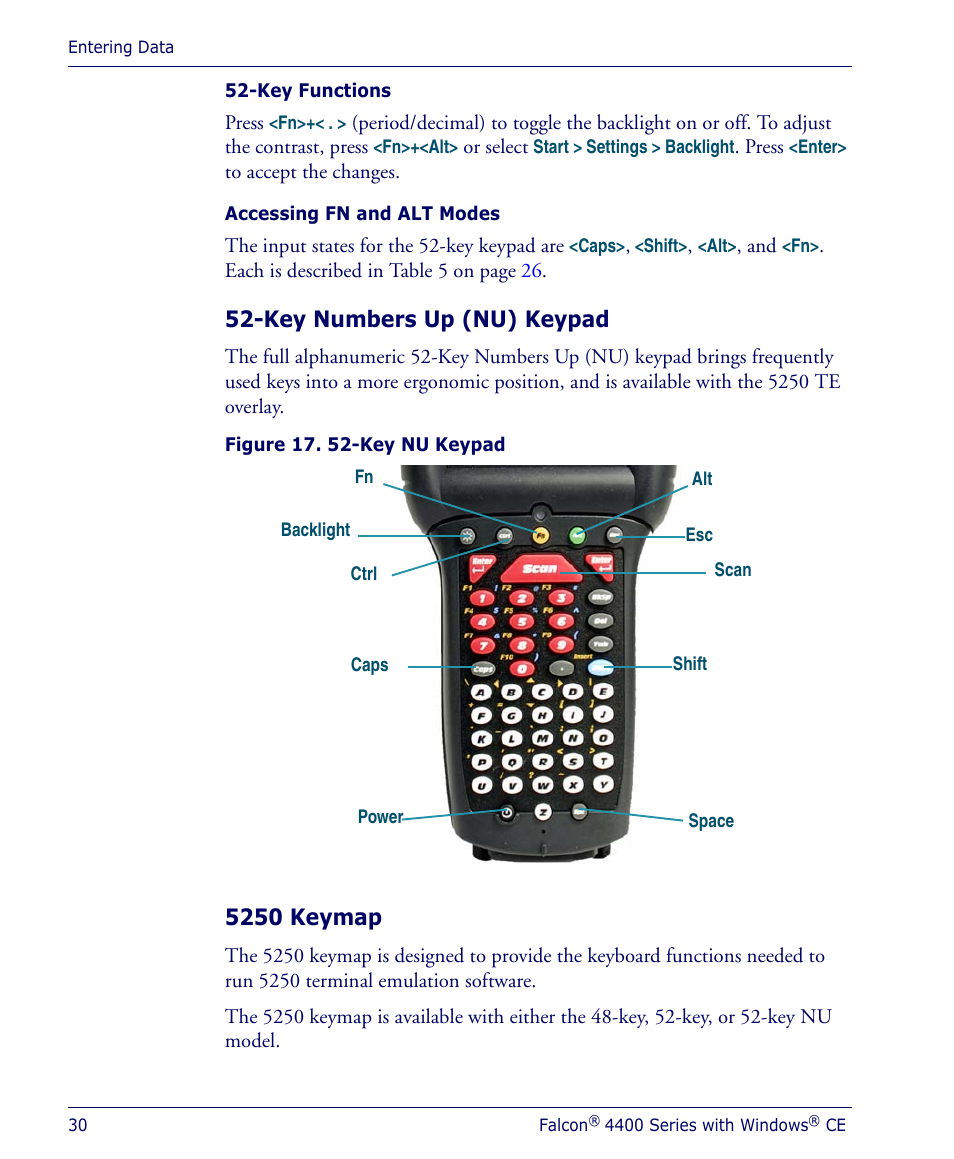 Key numbers up (nu) keypad, 5250 keymap | Datalogic Scanning 4410 User Manual | Page 32 / 76