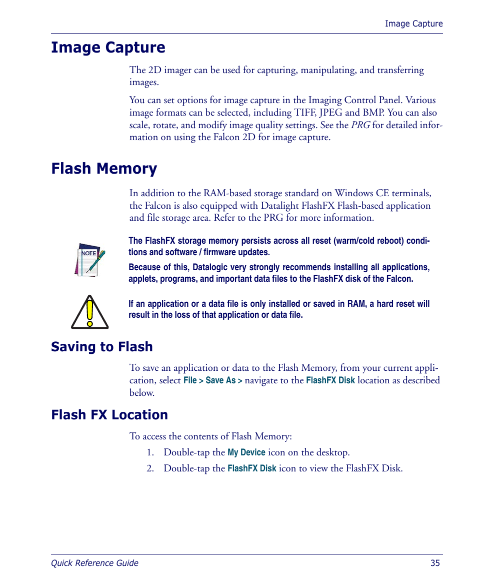 Image capture, Flash memory, Saving to flash | Flash fx location, Image capture flash memory, Saving to flash flash fx location | Datalogic Scanning 4410 User Manual | Page 37 / 76