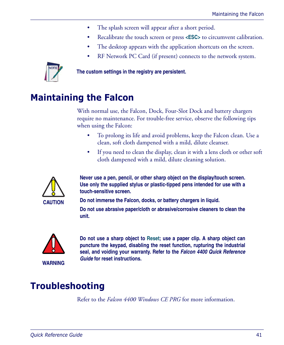 Maintaining the falcon, Troubleshooting, Maintaining the falcon troubleshooting | Datalogic Scanning 4410 User Manual | Page 43 / 76