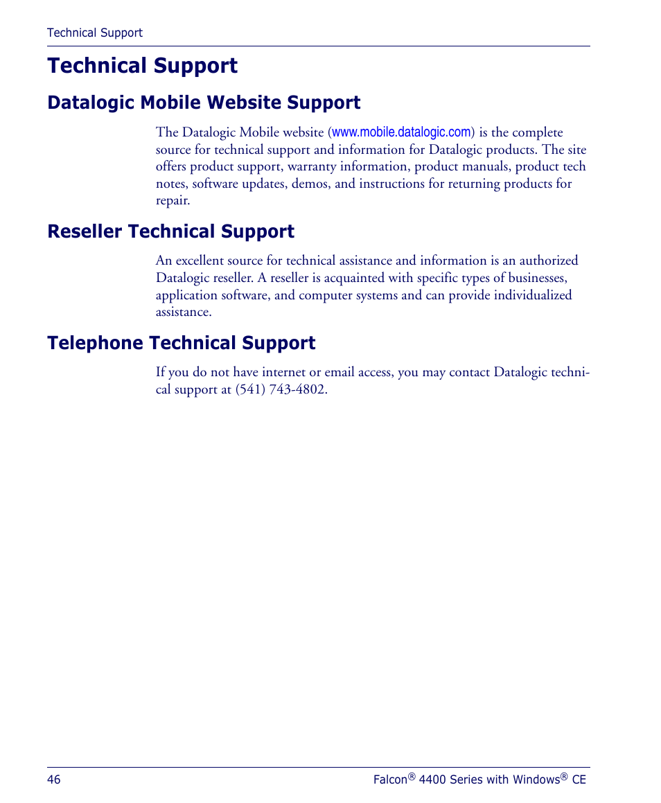 Technical support, Datalogic mobile website support, Reseller technical support | Telephone technical support | Datalogic Scanning 4410 User Manual | Page 48 / 76