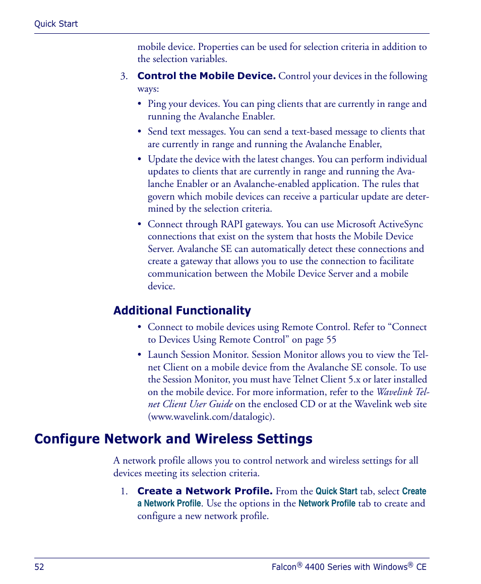 Additional functionality, Configure network and wireless settings | Datalogic Scanning 4410 User Manual | Page 54 / 76