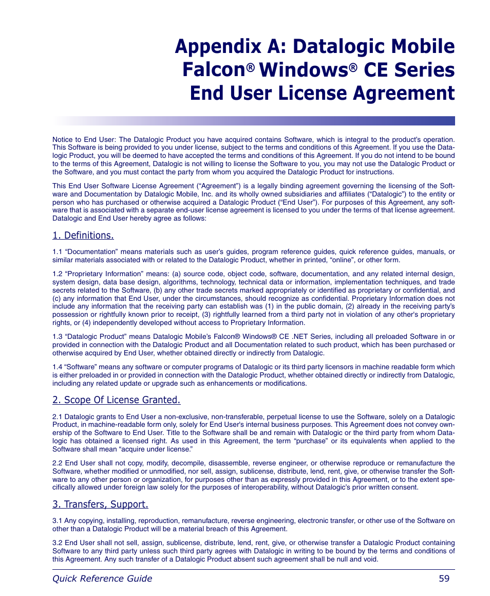 Appendix a: datalogic mobile falcon, Windows, Ce series end user license agreement | Datalogic Scanning 4410 User Manual | Page 61 / 76