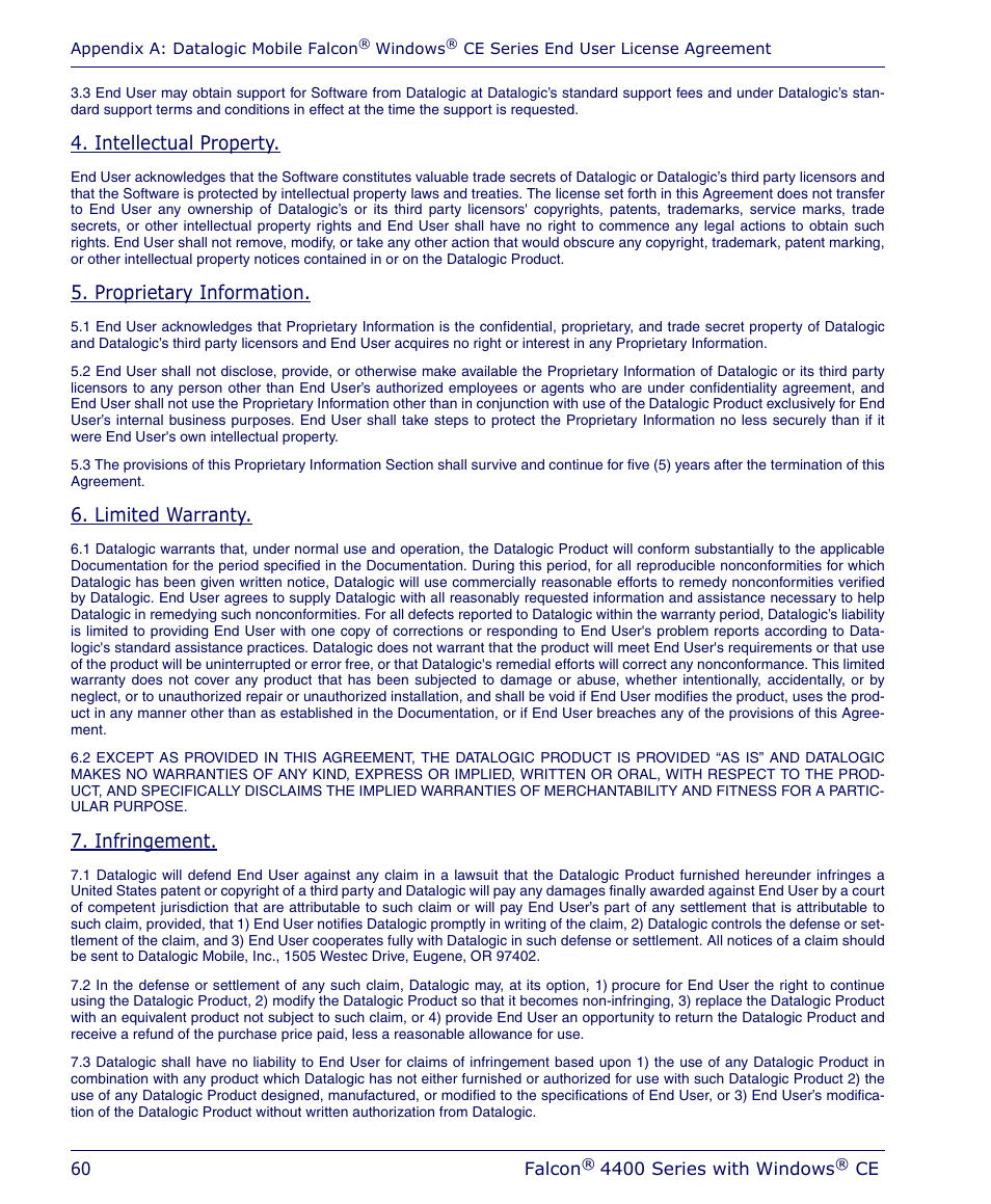 Intellectual property, Proprietary information, Limited warranty | Infringement | Datalogic Scanning 4410 User Manual | Page 62 / 76