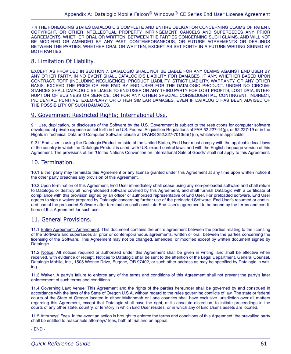 Limitation of liability, Government restricted rights; international use, Termination | General provisions | Datalogic Scanning 4410 User Manual | Page 63 / 76