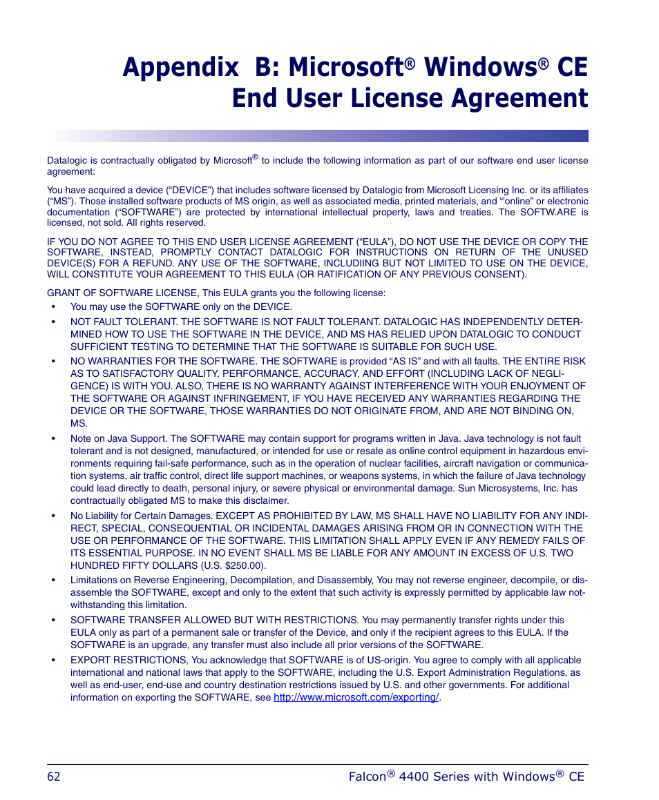 Appendix b: microsoft, Windows, Ce end user license agreement | Datalogic Scanning 4410 User Manual | Page 64 / 76