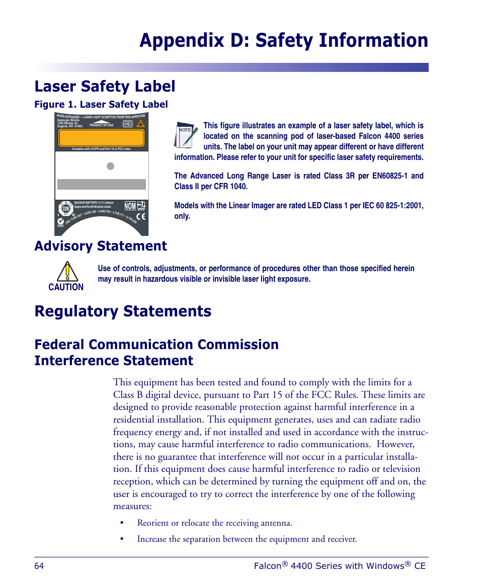 Appendix d: safety information, Laser safety label, Advisory statement | Regulatory statements, Figure 1. laser safety label, 64 falcon, 4400 series with windows | Datalogic Scanning 4410 User Manual | Page 66 / 76