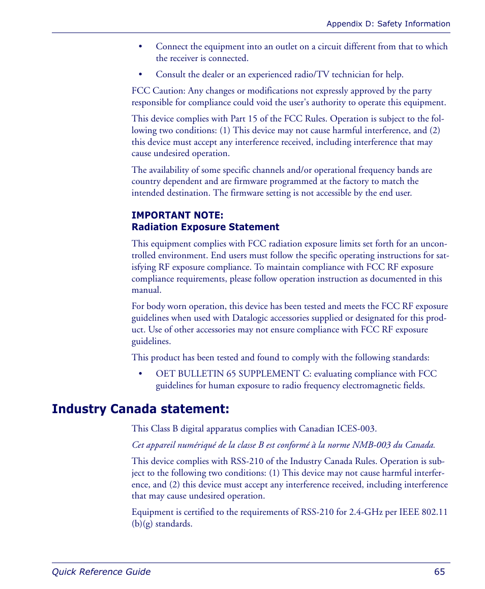 Industry canada statement | Datalogic Scanning 4410 User Manual | Page 67 / 76