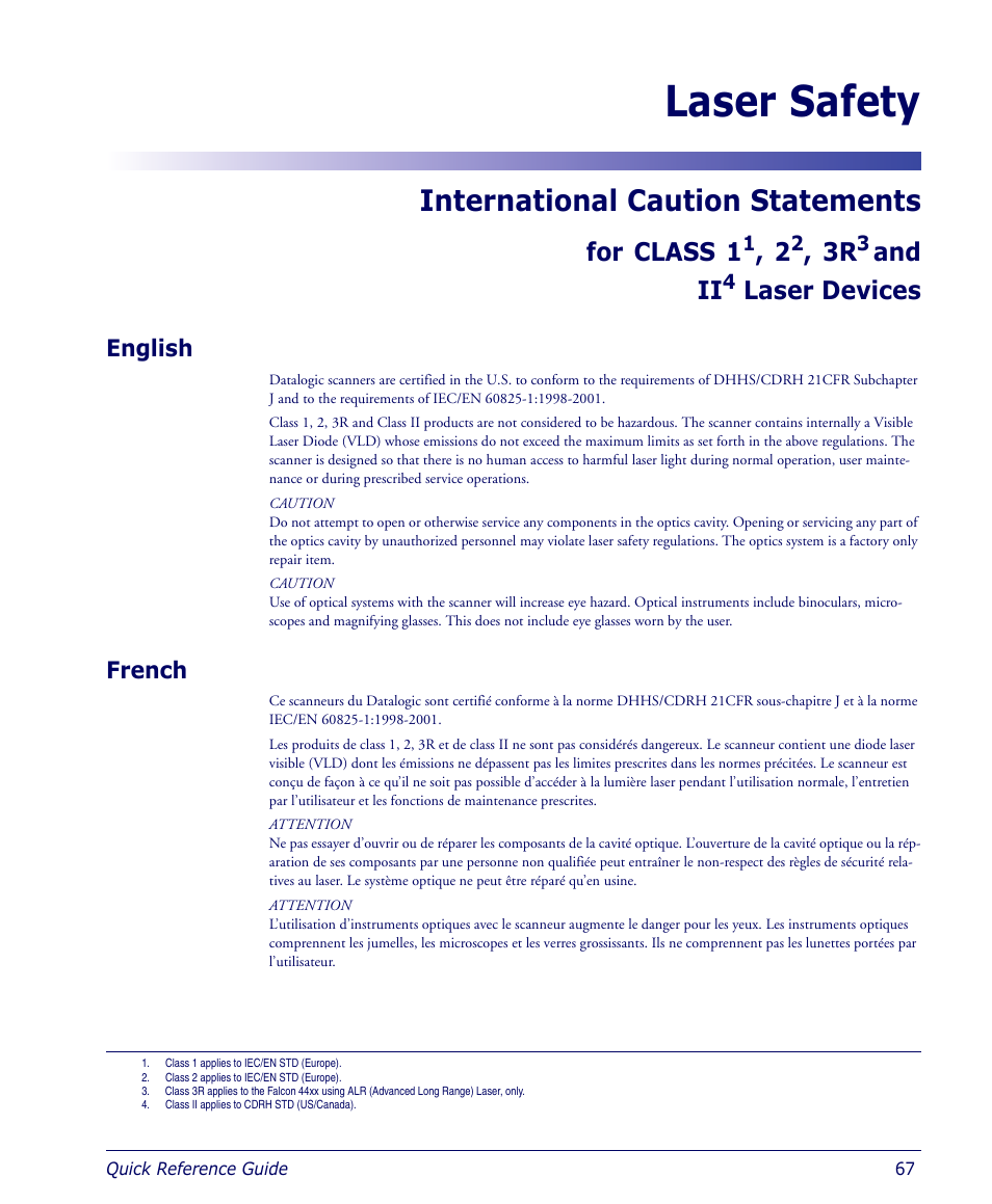 Laser safety, English, French | English french, International caution statements, For class 1, And ii, Laser devices | Datalogic Scanning 4410 User Manual | Page 69 / 76