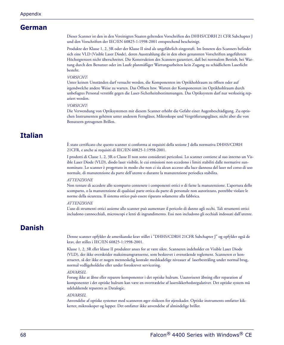 German, Italian, Danish | German italian danish | Datalogic Scanning 4410 User Manual | Page 70 / 76