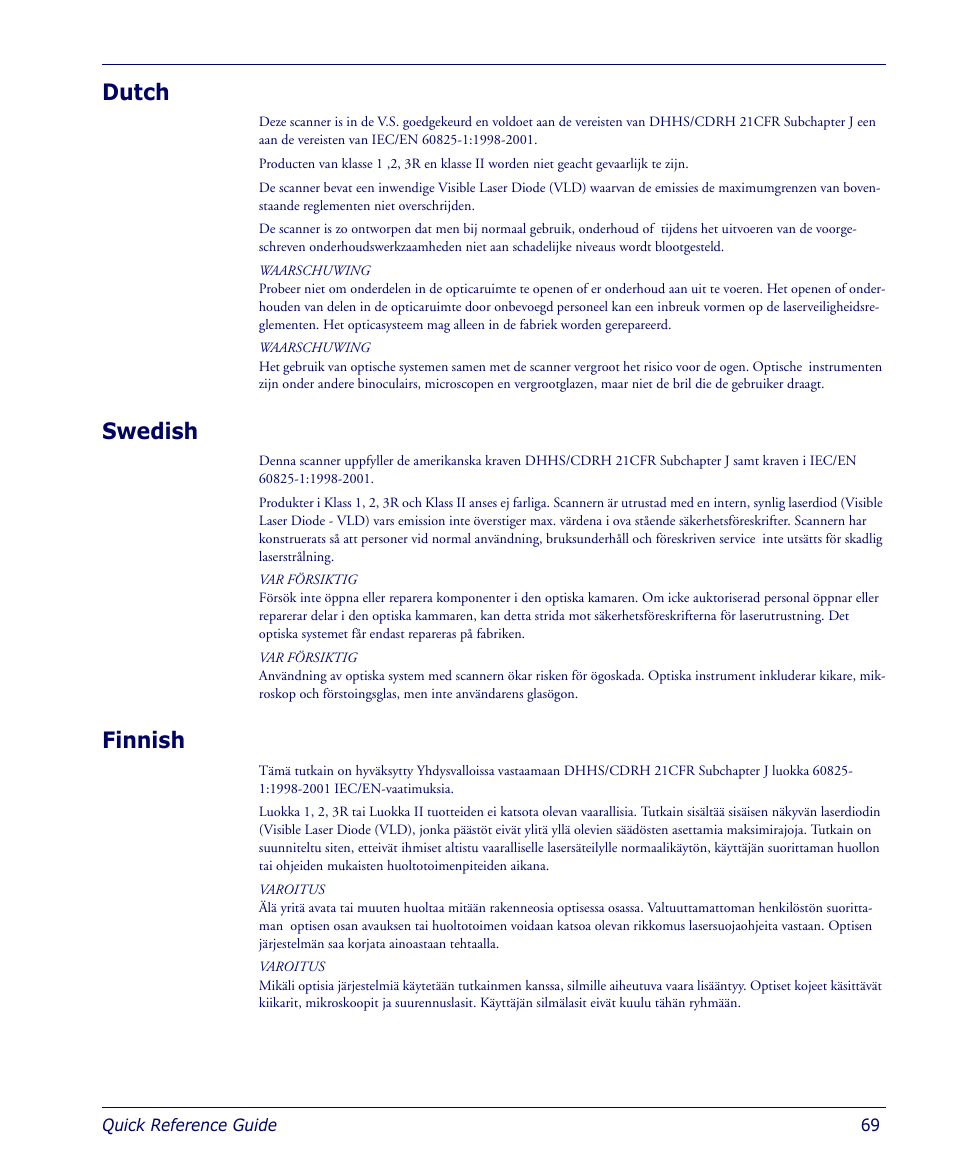 Dutch, Swedish, Finnish | Dutch swedish finnish | Datalogic Scanning 4410 User Manual | Page 71 / 76