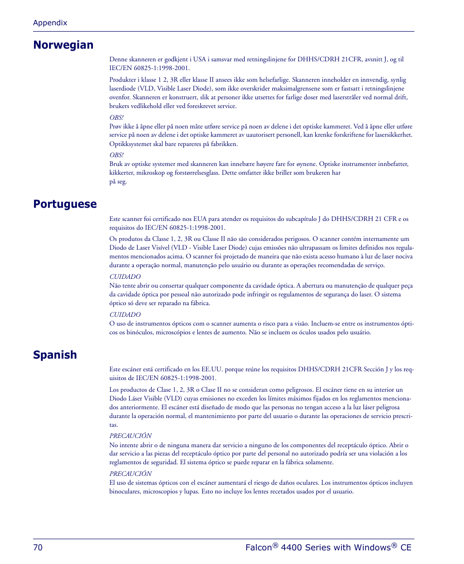 Norwegian, Portuguese, Spanish | Norwegian portuguese spanish | Datalogic Scanning 4410 User Manual | Page 72 / 76