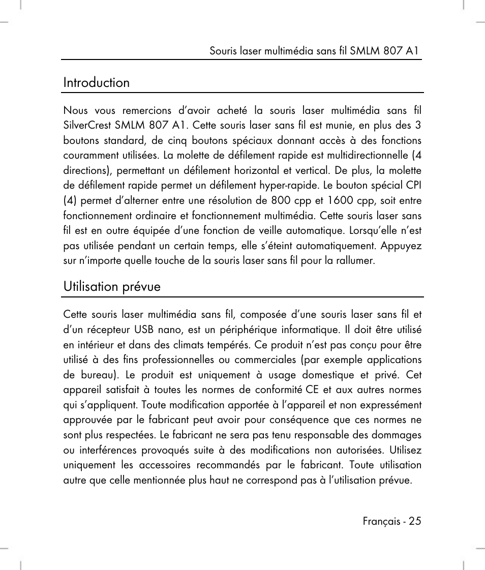 Introduction, Utilisation prévue | Silvercrest SMLM 807 A1 User Manual | Page 27 / 92