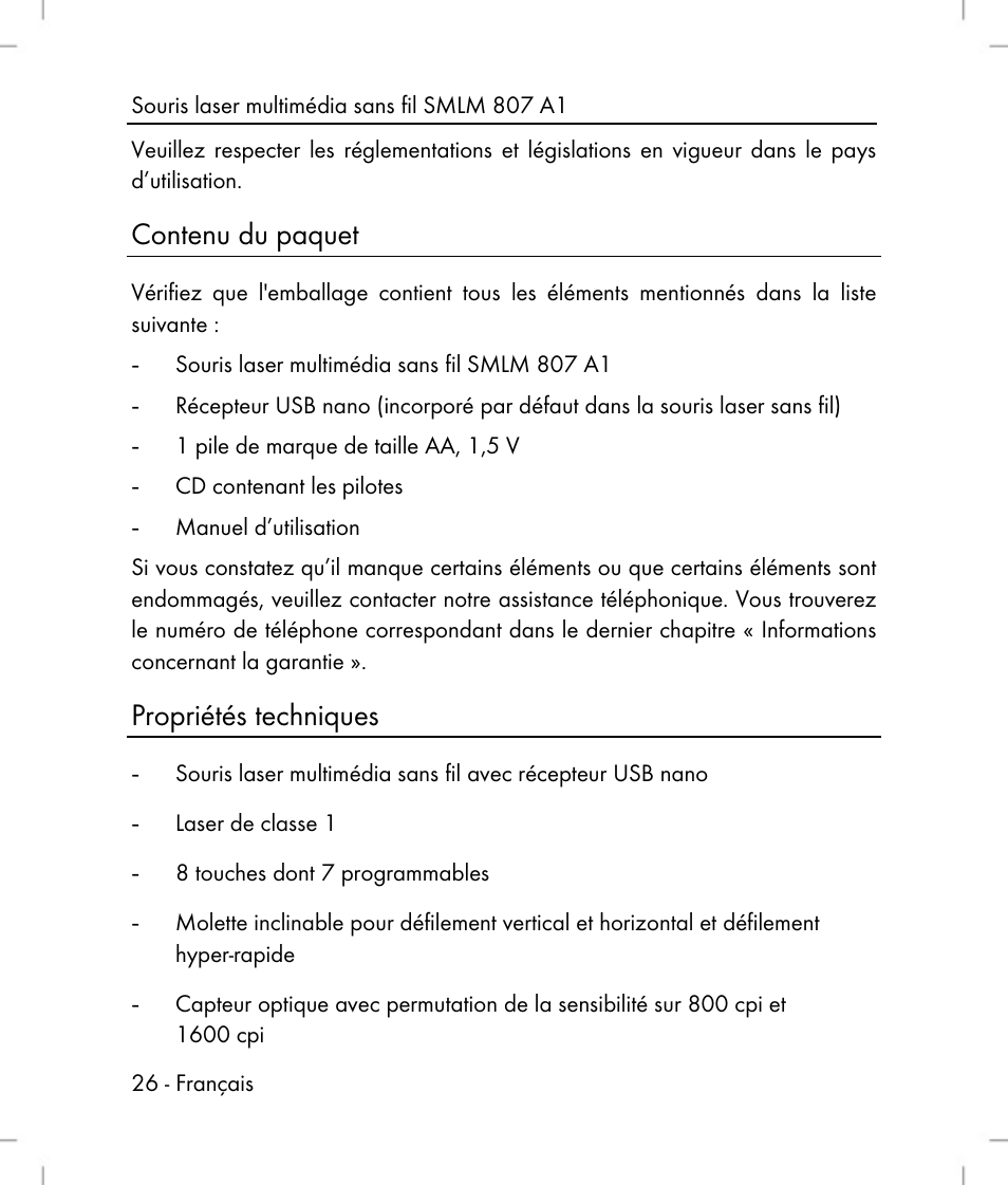 Contenu du paquet, Propriétés techniques | Silvercrest SMLM 807 A1 User Manual | Page 28 / 92
