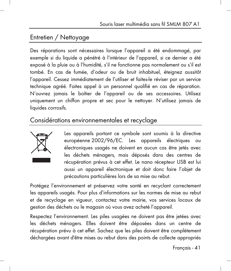 Entretien / nettoyage, Considérations environnementales et recyclage | Silvercrest SMLM 807 A1 User Manual | Page 43 / 92