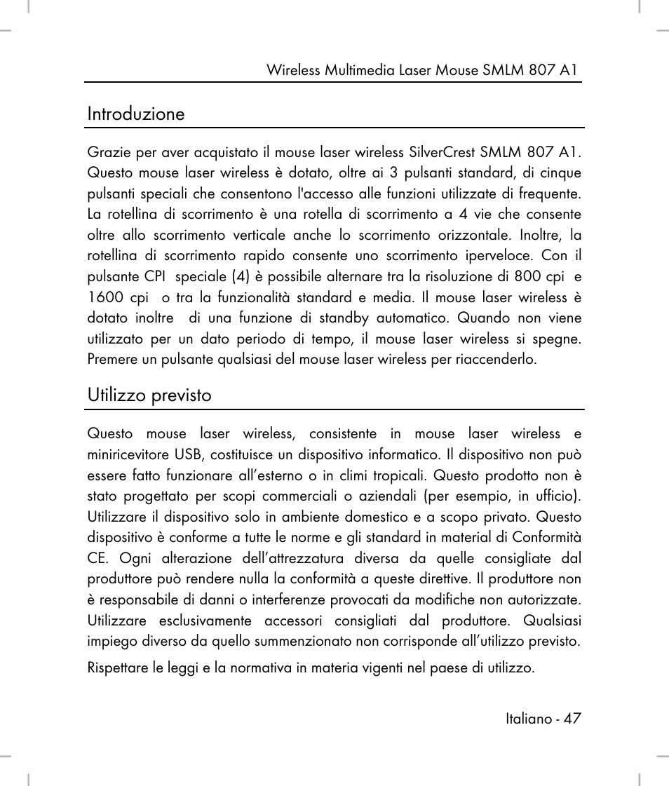 Introduzione, Utilizzo previsto | Silvercrest SMLM 807 A1 User Manual | Page 49 / 92