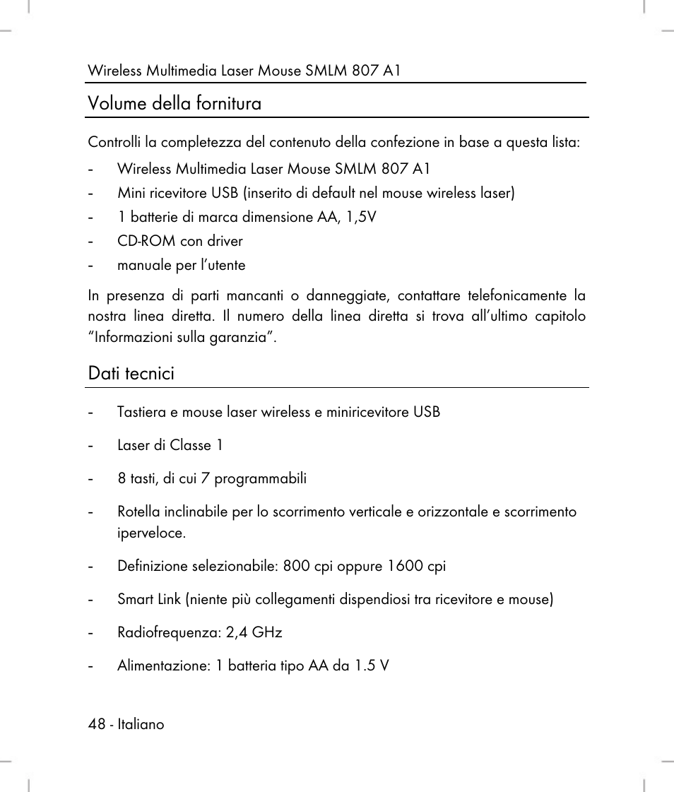 Volume della fornitura, Dati tecnici | Silvercrest SMLM 807 A1 User Manual | Page 50 / 92