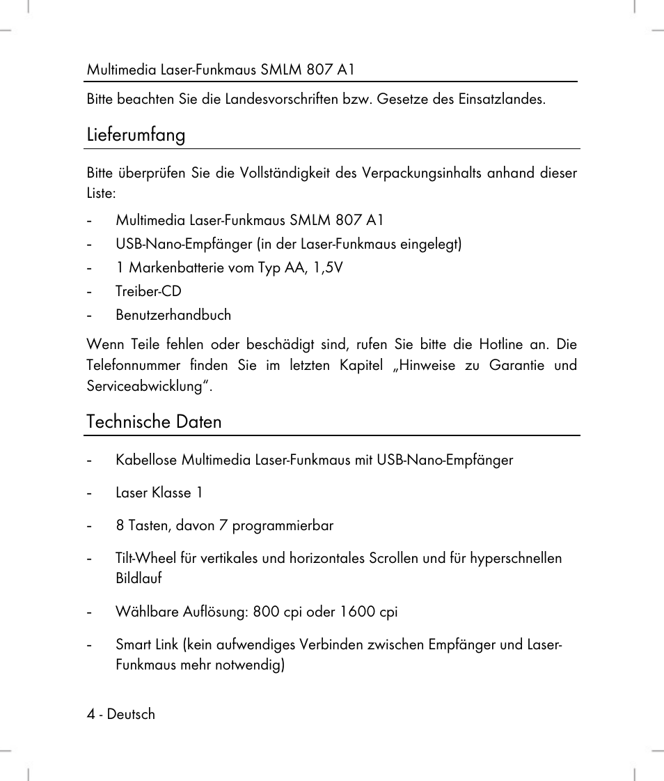 Lieferumfang, Technische daten | Silvercrest SMLM 807 A1 User Manual | Page 6 / 92