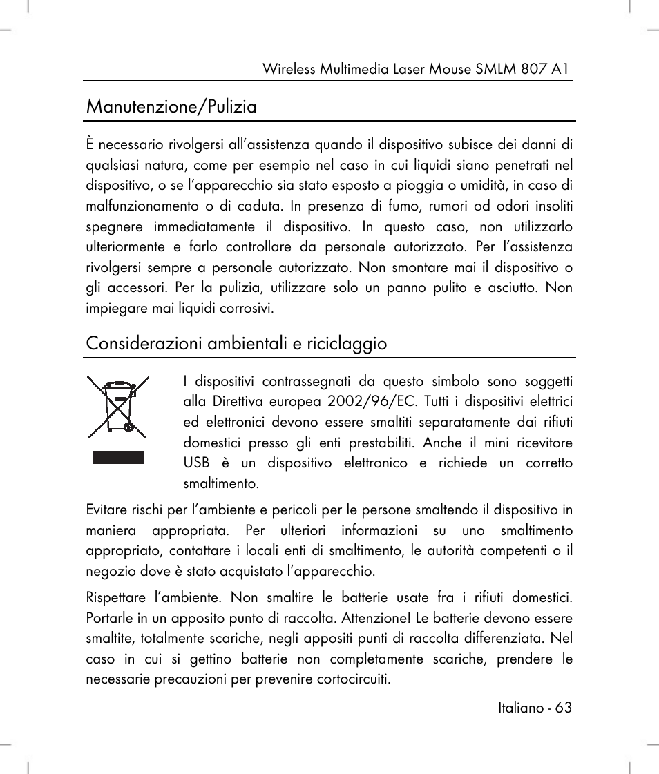 Manutenzione/pulizia, Considerazioni ambientali e riciclaggio | Silvercrest SMLM 807 A1 User Manual | Page 65 / 92