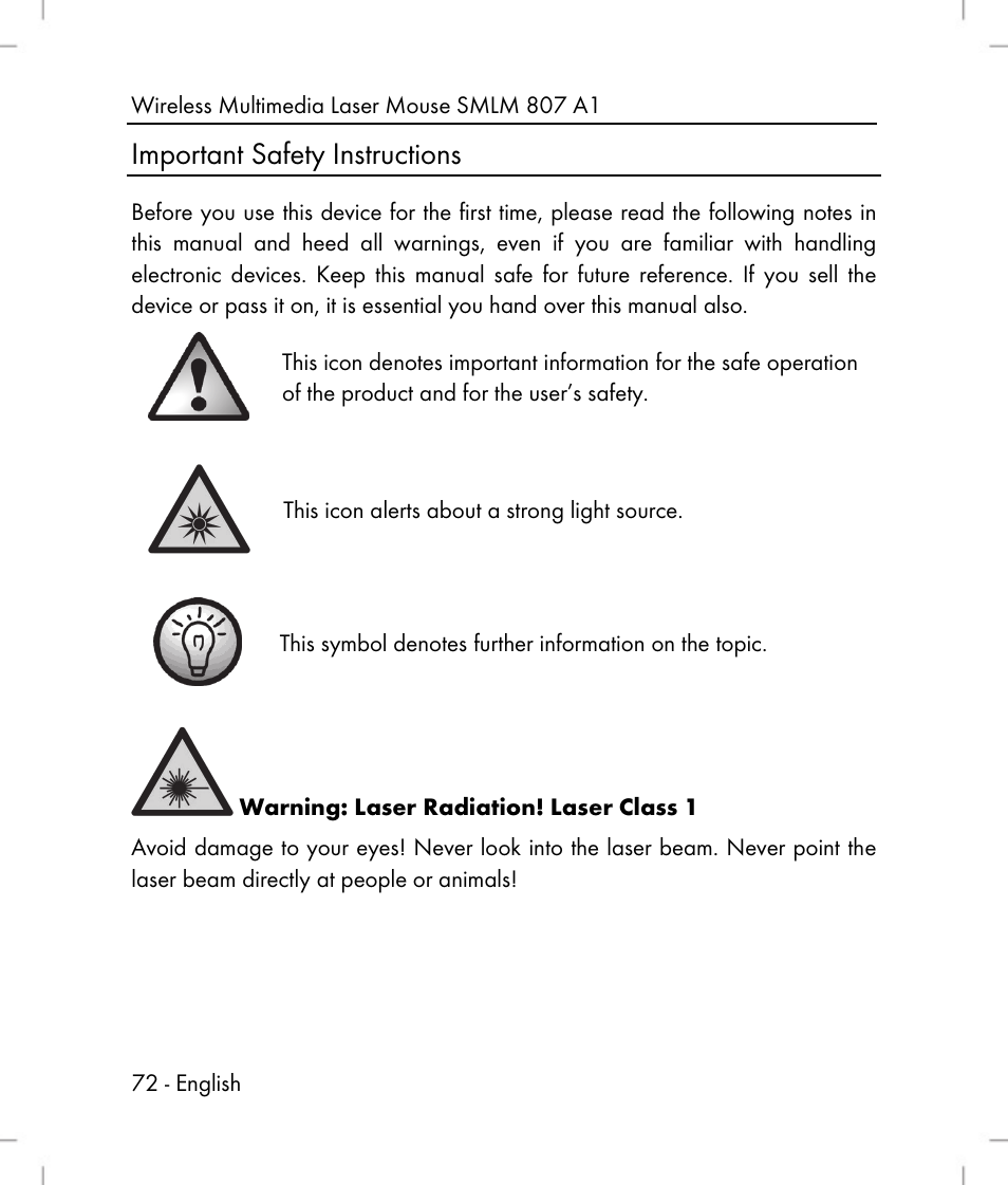 Important safety instructions | Silvercrest SMLM 807 A1 User Manual | Page 74 / 92