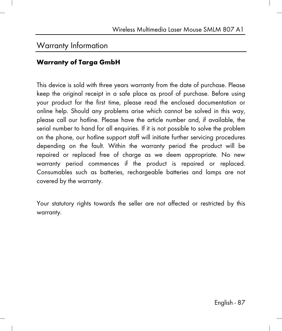 Warranty information | Silvercrest SMLM 807 A1 User Manual | Page 89 / 92