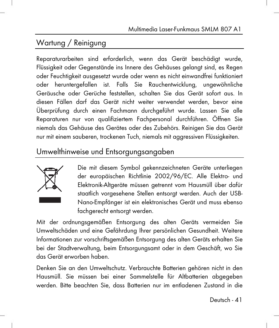 Wartung / reinigung, Umwelthinweise und entsorgungsangaben | Silvercrest SMLM 807 A1 User Manual | Page 43 / 70