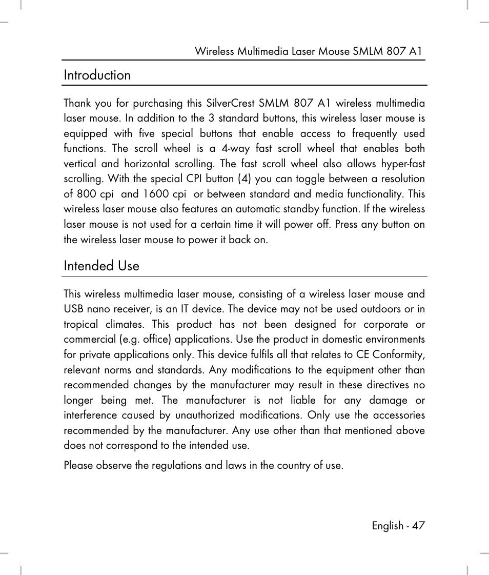 Introduction, Intended use | Silvercrest SMLM 807 A1 User Manual | Page 49 / 70