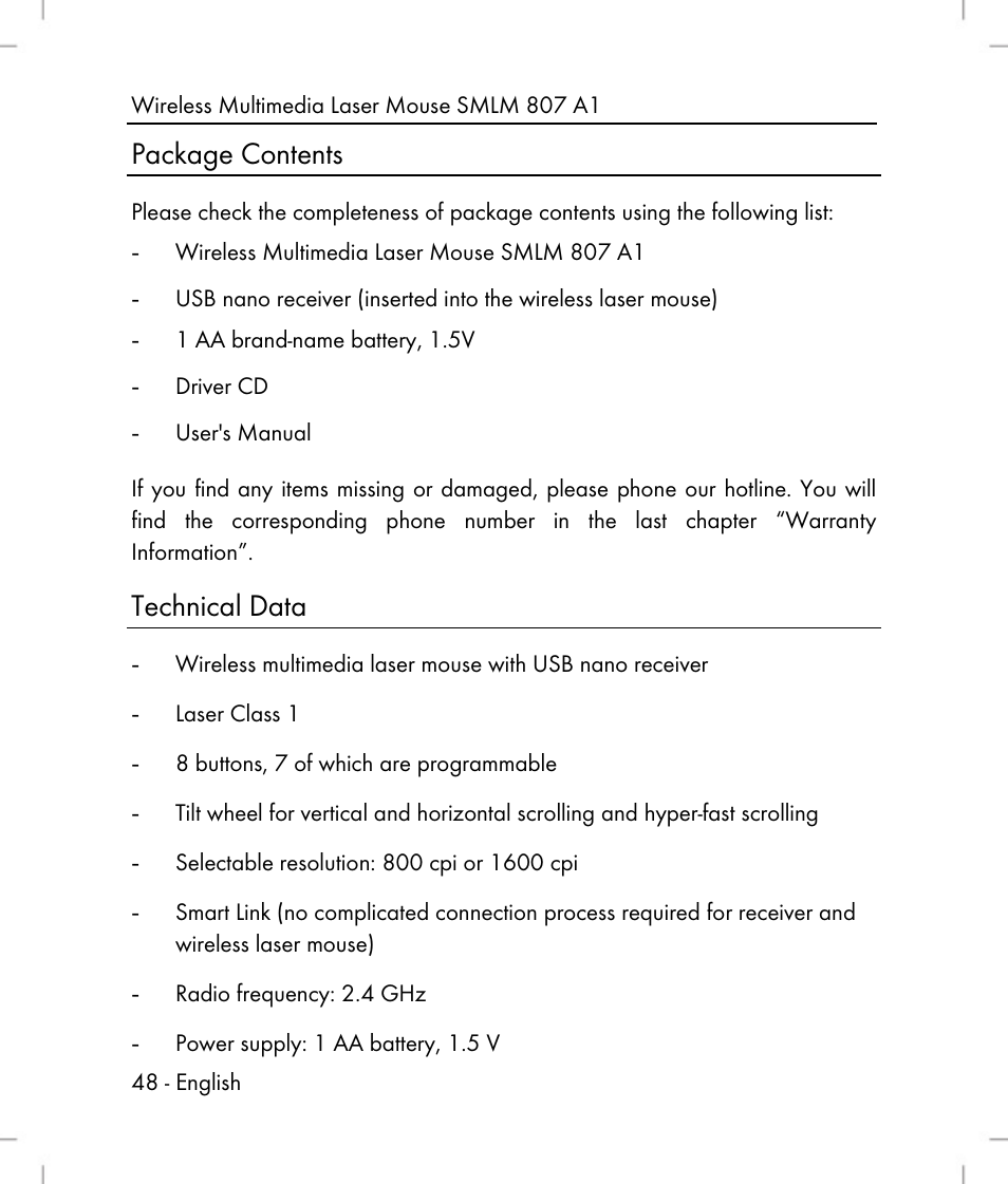 Package contents, Technical data | Silvercrest SMLM 807 A1 User Manual | Page 50 / 70