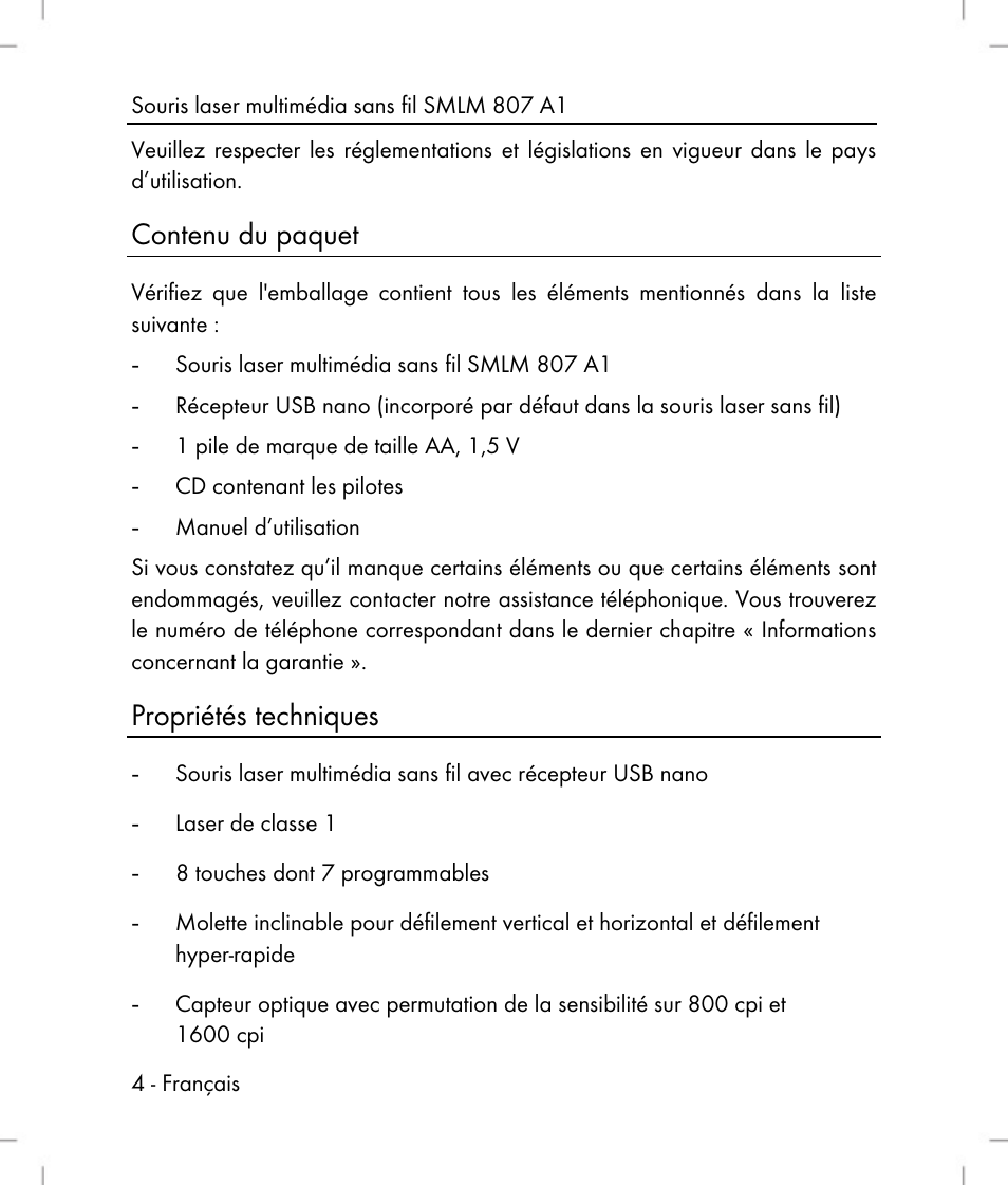 Contenu du paquet, Propriétés techniques | Silvercrest SMLM 807 A1 User Manual | Page 6 / 70