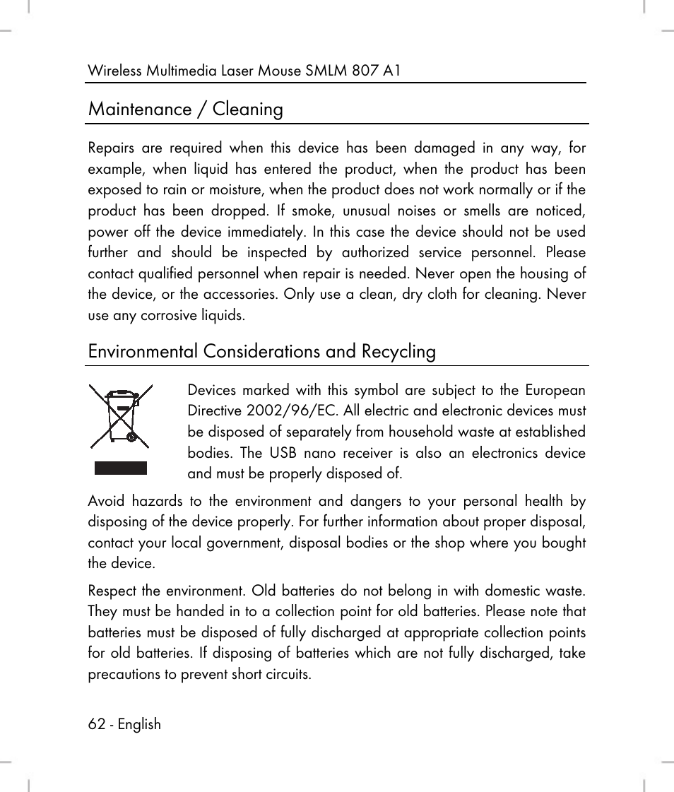 Maintenance / cleaning, Environmental considerations and recycling | Silvercrest SMLM 807 A1 User Manual | Page 64 / 70