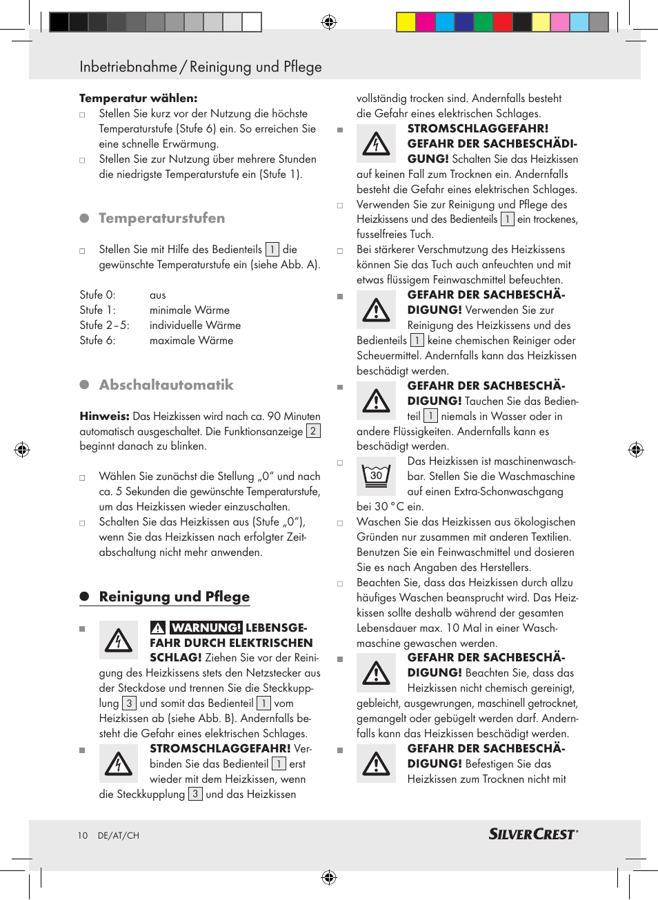 Inbetriebnahme / reinigung und pflege, Temperaturstufen, Abschaltautomatik | Reinigung und pflege | Silvercrest SRNH 100 A2 User Manual | Page 10 / 45