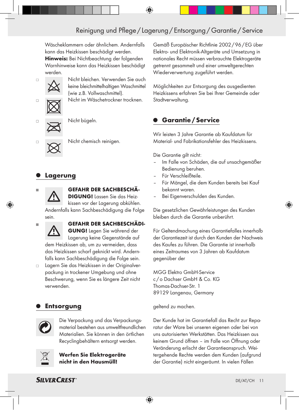 Lagerung, Entsorgung, Garantie / service | Silvercrest SRNH 100 A2 User Manual | Page 11 / 45