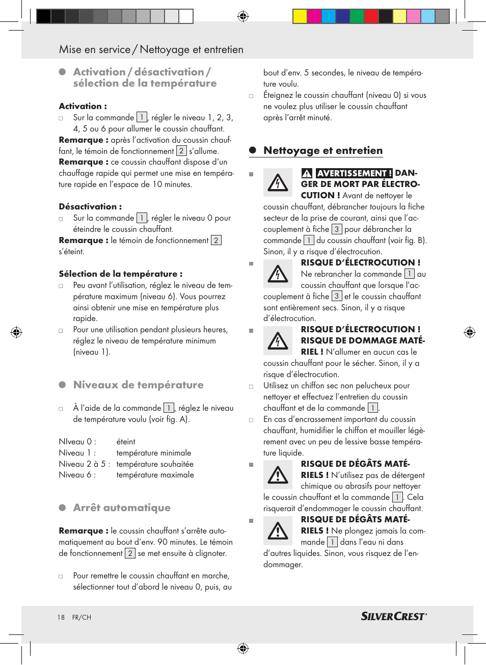 Mise en service / nettoyage et entretien, Niveaux de température, Arrêt automatique | Nettoyage et entretien | Silvercrest SRNH 100 A2 User Manual | Page 18 / 45