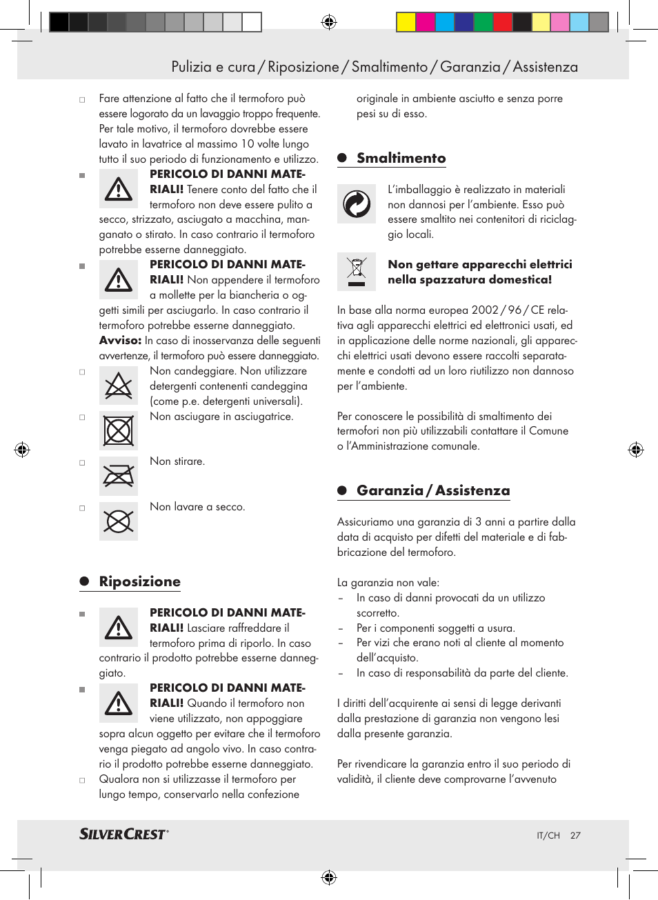Riposizione, Smaltimento, Garanzia / assistenza | Silvercrest SRNH 100 A2 User Manual | Page 27 / 45