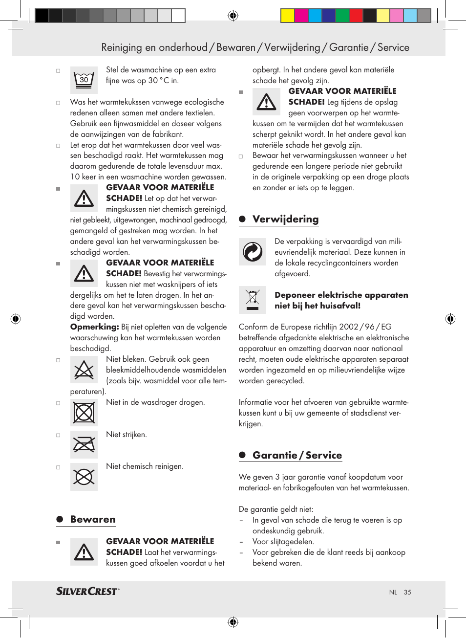 Bewaren, Verwijdering, Garantie / service | Silvercrest SRNH 100 A2 User Manual | Page 35 / 45