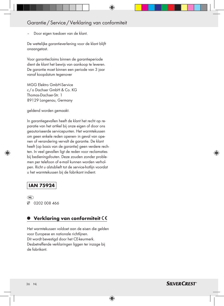 Garantie / service / verklaring van conformiteit | Silvercrest SRNH 100 A2 User Manual | Page 36 / 45