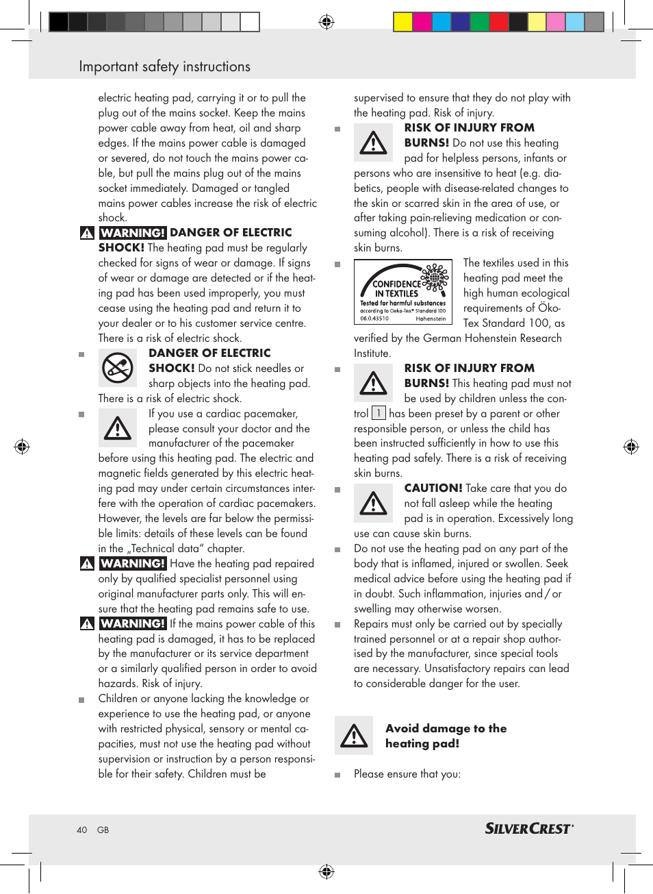 Important safety instructions | Silvercrest SRNH 100 A2 User Manual | Page 40 / 45