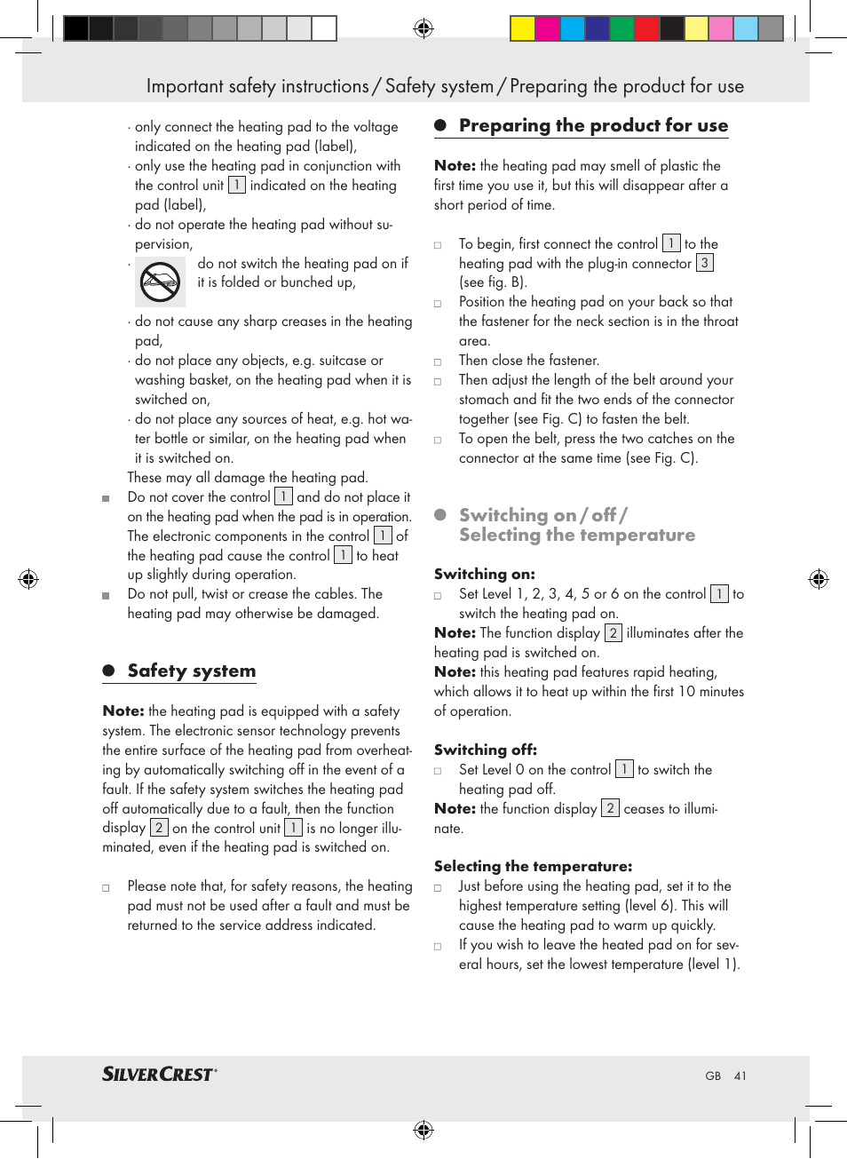 Safety system, Preparing the product for use, Switching on / off / selecting the temperature | Silvercrest SRNH 100 A2 User Manual | Page 41 / 45