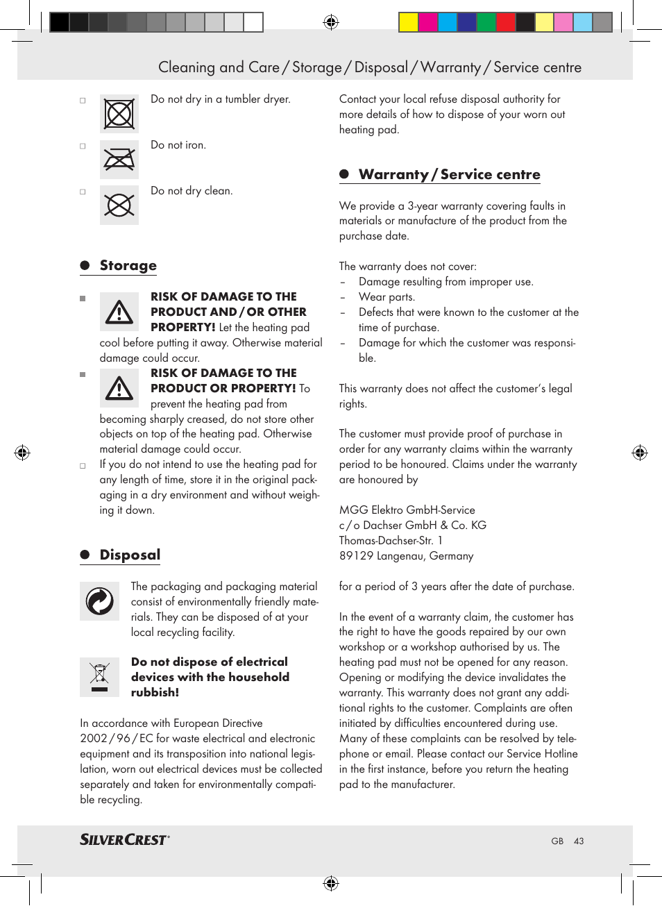 Storage, Disposal, Warranty / service centre | Silvercrest SRNH 100 A2 User Manual | Page 43 / 45