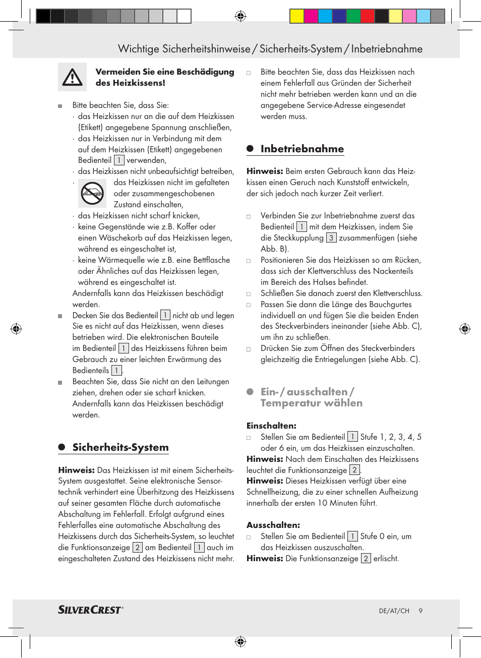 Sicherheits-system, Inbetriebnahme, Ein- / ausschalten / temperatur wählen | Silvercrest SRNH 100 A2 User Manual | Page 9 / 45