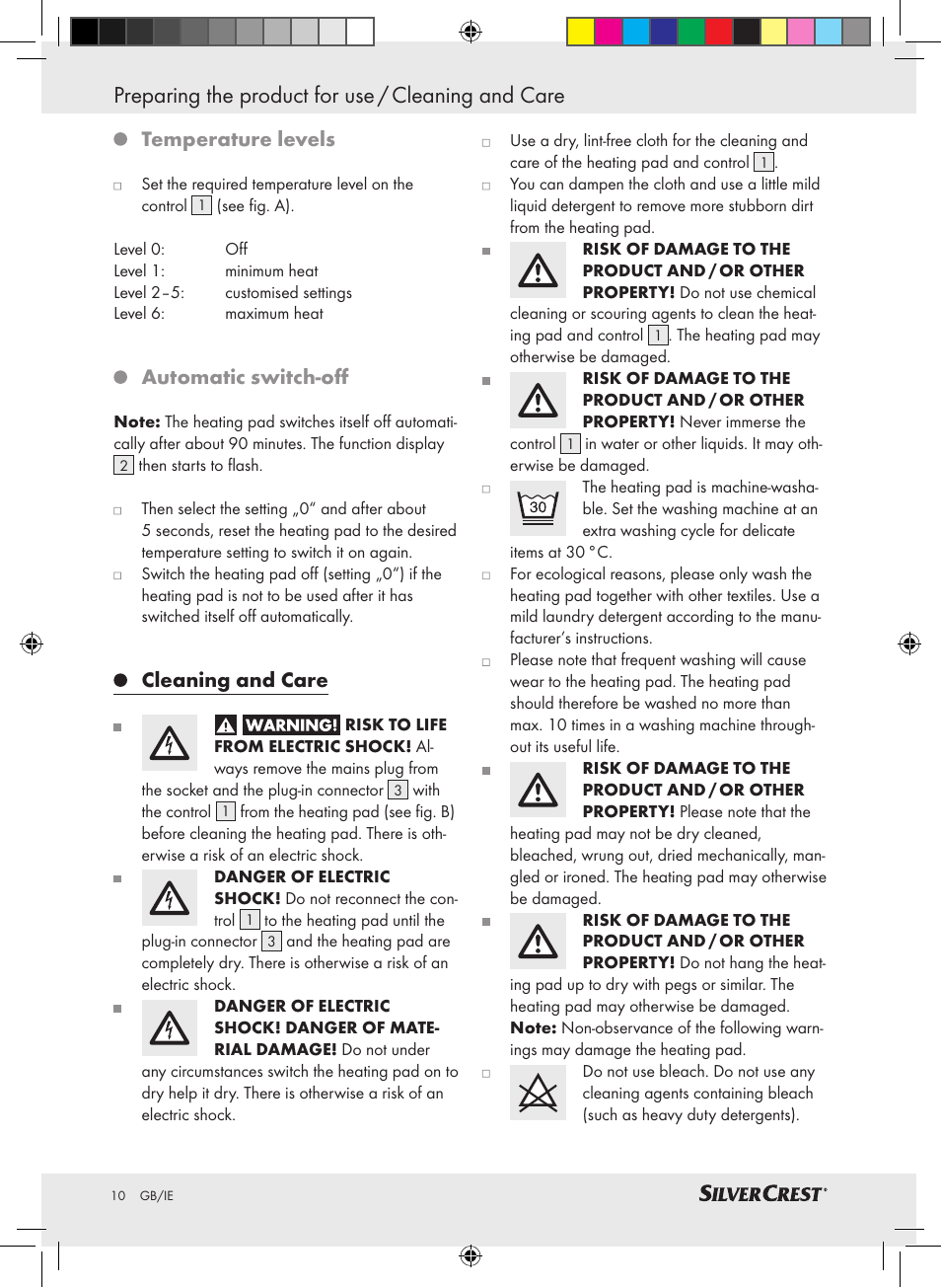 Preparing the product for use / cleaning and care, Temperature levels, Automatic switch-off | Cleaning and care | Silvercrest SRNH 100 A2 User Manual | Page 10 / 13